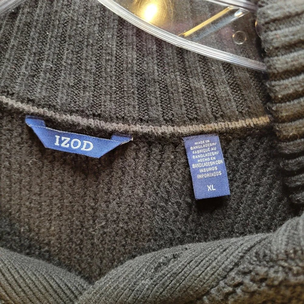 IZOD Mens XL Colorblock Henley Sweater Grey Black Waffle Knit Mock Neck Pullover